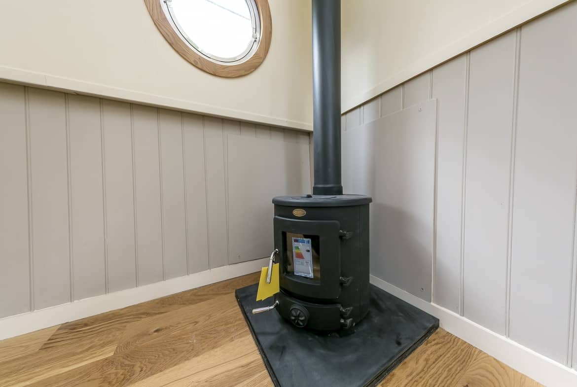 Widebeam-narrowboat-for-sale-wood-burning-stove-Home-Comforts TW12 2HF