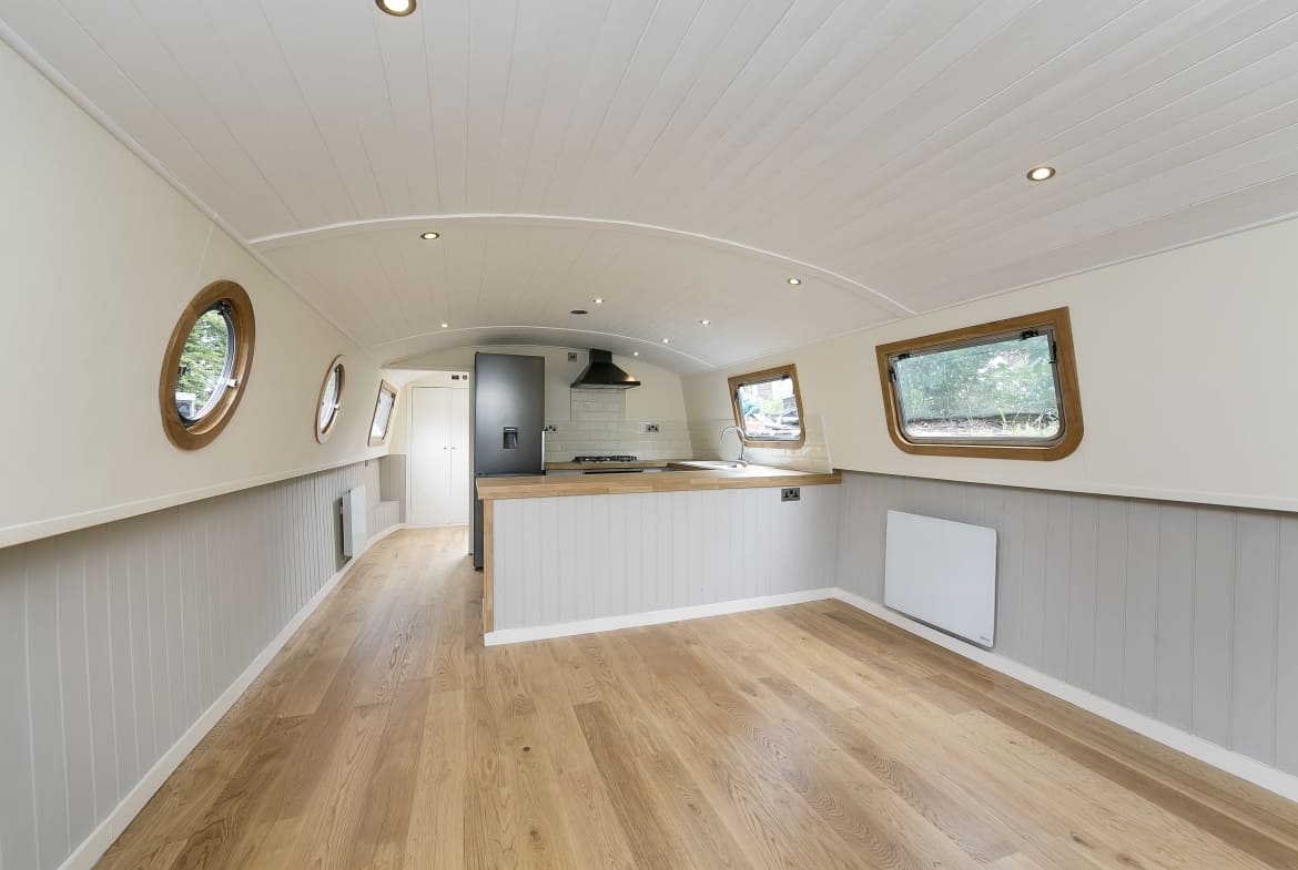 Widebeam-narrowboat-for-sale-Lounge-to-kitchen TW12 2HF