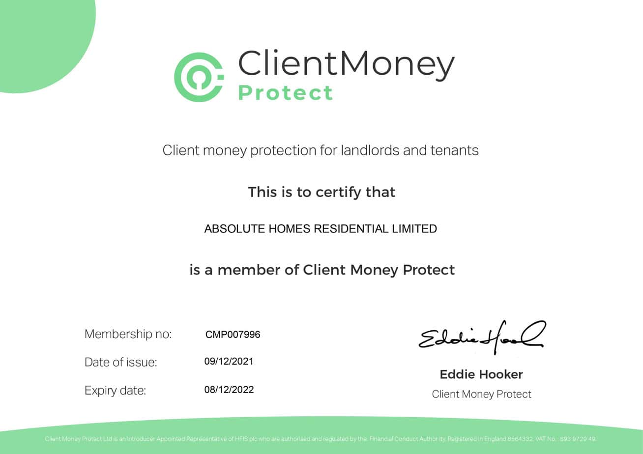 Absolute Homes — Client Money Protect certificate of membership